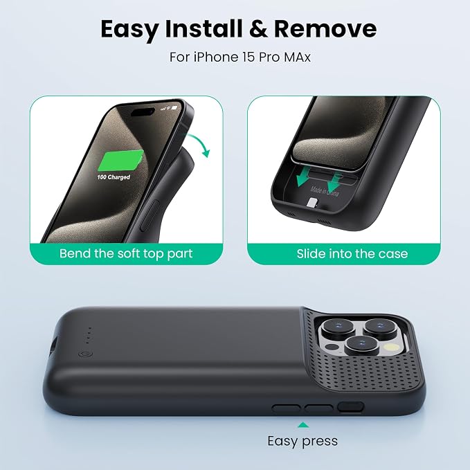 Feob Battery Case for iPhone 15 Pro Max, [2026 Upgraded] 8600mAh Slim Portable Smart Charging Case Rechargeable Protective Extended Charging Cover for iPhone 15 Pro Max Battery Pack (6.7 Inch)-Black