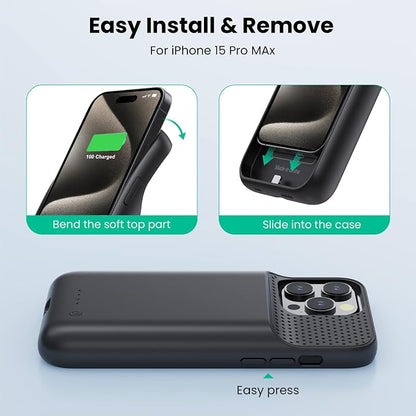 Feob Battery Case for iPhone 15 Pro Max, [2026 Upgraded] 8600mAh Slim Portable Smart Charging Case Rechargeable Protective Extended Charging Cover for iPhone 15 Pro Max Battery Pack (6.7 Inch)-Black