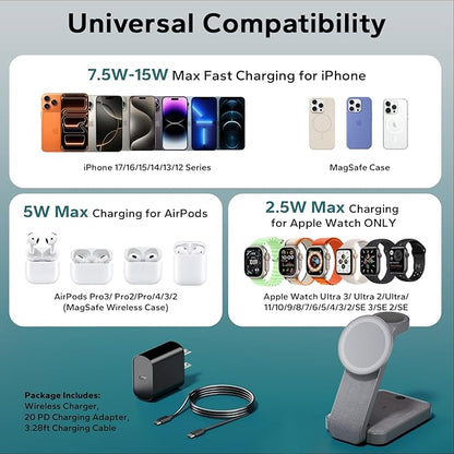 3 in 1 Foldable Wireless Charging Station for MagSafe, Nightstand Magnetic Charger Stand for iPhone 17 16 15 14 Pro Max, Travel Charging Dock with Night Light for Apple Watch/AirPods (Gray)