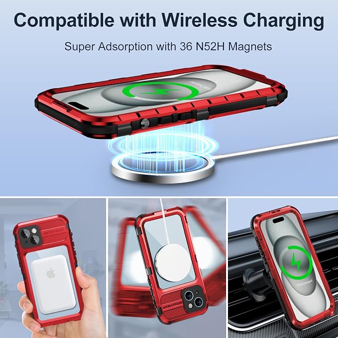 WIFORT for iPhone 15 Plus Waterproof Case - Built-in [Screen Protector][IP68 Water Proof][14FT Military Grade Shockproof], Rugged Metal Full Body Aluminum Protective Drop Protection Cover, 6.7" Red