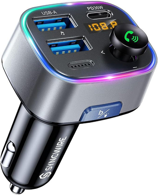 Syncwire Bluetooth 5.4 FM Transmitter Car Adapter 48W (PD 36W & 12W) [Light Switch] [Hi-Fi Deep Bass] [Fast Charge] Wireless Radio Music Adapter LED Display Hands-Free Calling Support USB Drive