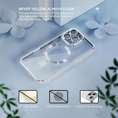 Misea Magnetic for iPhone 16 Pro Max Case Compatible with MagSafe [Never Yellowing] [Military Grade Drop Protection] Full Camera Lens Protector Plating Soft Clear Phone Case for Women 6.9", Silver