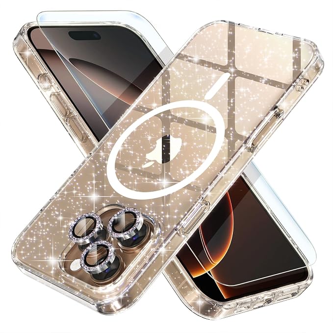 Choiche for iPhone 16 Pro Max Case Magnetic, Women Clear Glitter Bling Sparkly Case, [3xDiamond Camera Lens Protectors] [2xTempered Glass Screen Protectors] [Compatible MagSafe] 6.9"(Glitter Clear)