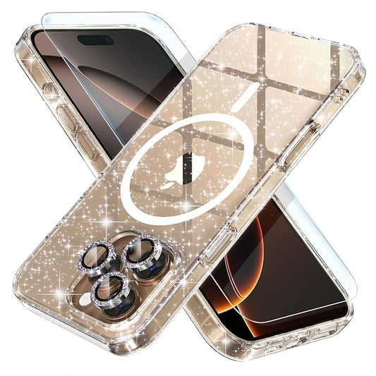Choiche for iPhone 16 Pro Max Case Magnetic, Women Clear Glitter Bling Sparkly Case, [3xDiamond Camera Lens Protectors] [2xTempered Glass Screen Protectors] [Compatible MagSafe] 6.9"(Glitter Clear)
