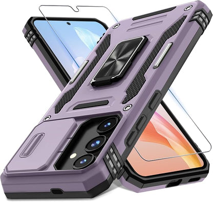 DEERLAMN Case for Samsung Galaxy S25 6.2-Inch with Slide Camera Cover+Screen Protector (1 Pack), Rotated Ring Kickstand Military Grade Shockproof Protective Cover-Deep Purple