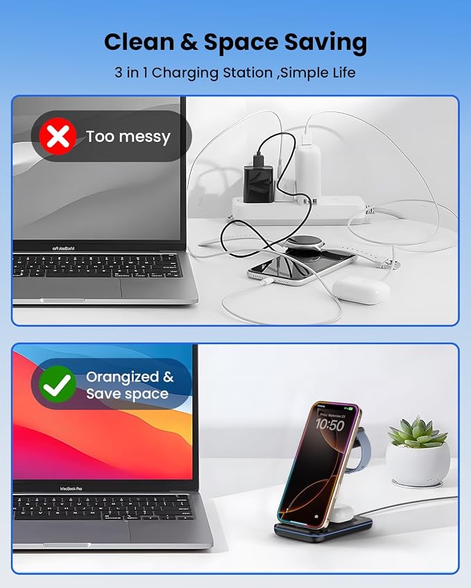Wireless Charger Stand, CIYOYO 3 in 1 Fast Wireless Charging Station Dock for Apple Watch 11/9/8/7/6/SE/5/4/3/2, Airpods 3/2/Pro, iPhone 17/16/15/14/14 Plus/14 Pro Max/13/13 Pro/12/12 Pro/SE/X/XR/XS/8