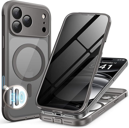 BERFY for iPhone 17 Pro Case, Compatible with MagSafe, Built-in Privacy Screen Protector, Camera Protection, Shockproof Full Body Phone Case 6.3", Clear Grey