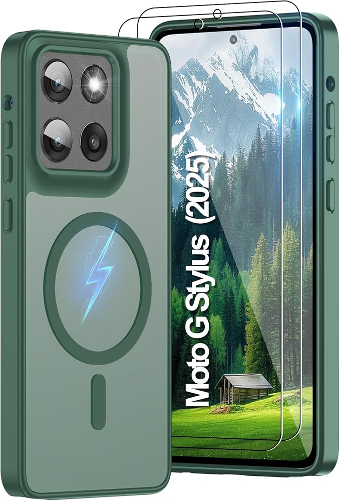 Compatible for Motorola Moto G Stylus 2025 Phone Case: [Mag-Safe Fit] with 2pc HD Screen Protector, Matte Translucent Soft-Touch Skin & Full Body for Moto GStylus 2025, Dark Green