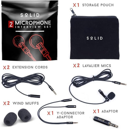 Solid Clip On Lavalier Lapel Microphone 2 Pack Set for iPhone and Android Vlogging, Interview, Selfie Videos