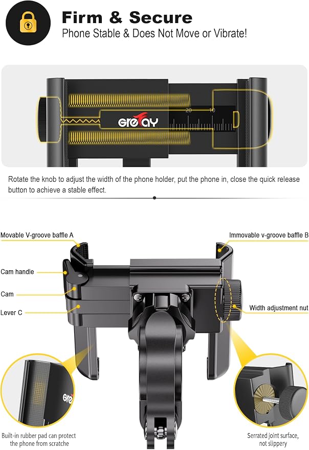 Grefay Bike Phone Mount Universal Motorcycle Handlebar Phone Holder 【1S Quick Release】 Anti Shake Bicycle Phone Clamp for Road Bike/MTB/Scooter with 360 Rotation for 3.5-7.0 inches Smartphone