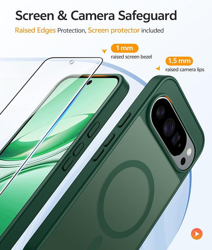FNTCASE for Google Pixel 10 Pro Case: for Pixel 10 Case [Fit for Magsafe] Translucent Matte Cases with [Screen Protector] Military Grade Shockproof Protective Magnetic Phone Cover (6.3inch - Green)