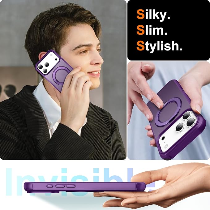 360° Magnetic Swivel Ring for iPhone 17 pro case, Built-in Metal Stand and Ring Holder, Magsafe Compatible, Military Grade Protection, Shockproof - Purple