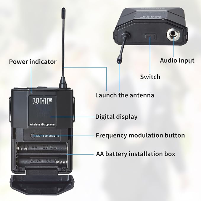 4 Channel UHF Wireless Microphone System with Lavalier Headset Mics, 4x50 Adjustable Frequencies, Ideal for Karaoke Meeting Church, 300ft Range (4 Bodypack)