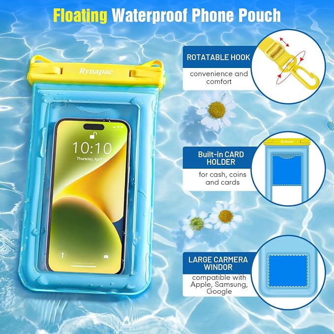 Rynapac Waterproof Phone Pouch Floating - 10in Waterproof Phone Case for Beach Essentials, IPX8 Underwater Cellphone Holder with Lanyard for iPhone 16 15 14 Pro Max, Galaxy 24 23 Ultra (1 Pack)