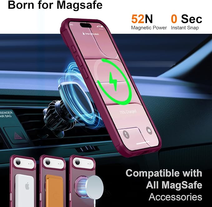 360° Magnetic Swivel Ring for iPhone 17 air case, Built-in Metal Stand and Ring Holder, Magsafe Compatible, Military Grade Protection, Shock and Vibration Resistant - Wine Red