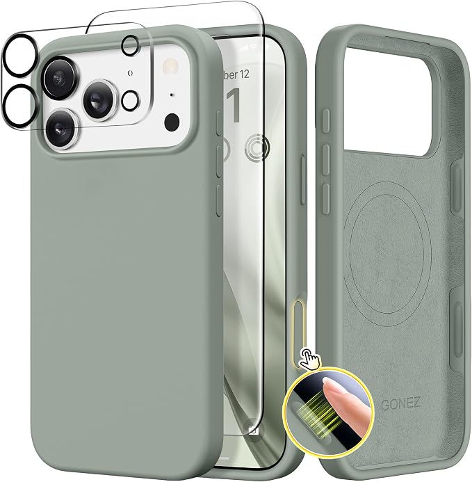 GONEZ Magnetic for iPhone 17 Pro Max Case, Compatible with MagSafe, [Screen Protector + Camera Lens Protector], Liquid Silicone Anti-Scratch Shockproof Protective Phone Case 6.9 inch, Calke Green