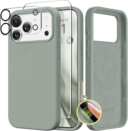 GONEZ Magnetic for iPhone 17 Pro Max Case, Compatible with MagSafe, [Screen Protector + Camera Lens Protector], Liquid Silicone Anti-Scratch Shockproof Protective Phone Case 6.9 inch, Calke Green