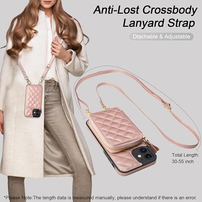 Bocasal Crossbody Wallet Case for iPhone 12/12 Pro, RFID Blocking PU Leather Zipper Handbag Purse Flip Cover, Kickstand Folio Case with Card Slots Holder Wrist Strap Lanyard 5G 6.1 Inch (Rose Gold)