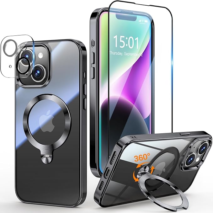 [Tri-Shield Protection] for iPhone 13/14 Case with 360° Spin Stand Compatible with MagSafe [Magnetic CD Ring] [Screen & Camera Lens Protector] Shockproof Plating Never-Yellowing, Black-6.1"