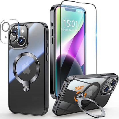 [Tri-Shield Protection] for iPhone 13/14 Case with 360° Spin Stand Compatible with MagSafe [Magnetic CD Ring] [Screen & Camera Lens Protector] Shockproof Plating Never-Yellowing, Black-6.1"