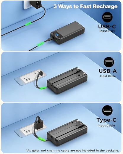 Portable Charger 40000mAh Power Bank - PD 22.5W Fast Charging Battery Pack, Built-in Cable Phone Charger 4 Output 3 Input, Compatible with iPhone 16 15 14 13 Android | Built-in Cable, 4 Output 3 Input, Digital Display, Compatible with iPhone 17 16 15 1...