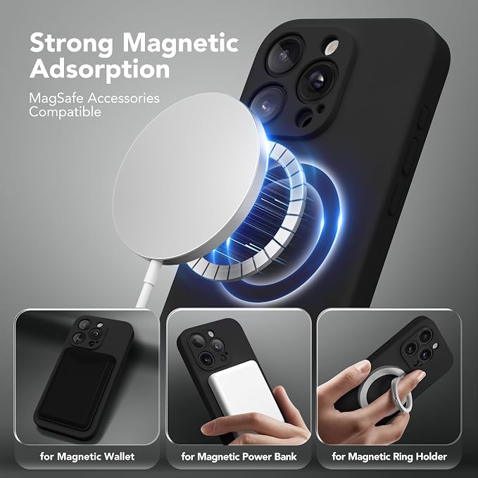 Magnetic for iPhone 15 Pro Case, Compatible with MagSafe, [Full Camera Protection][Screen Protector] Silicone Shockproof Protective Phone Case for iPhone 15 Pro 6.1", Black