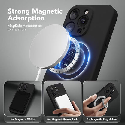 Magnetic for iPhone 15 Pro Case, Compatible with MagSafe, [Full Camera Protection][Screen Protector] Silicone Shockproof Protective Phone Case for iPhone 15 Pro 6.1", Black