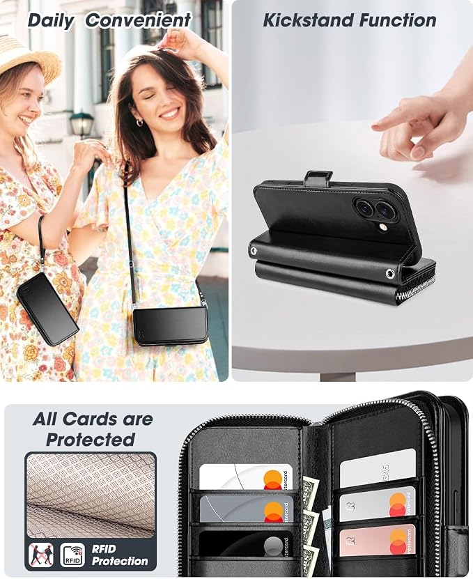 OCASE for iPhone 17 Crossbody Wallet Case - Stylish PU Leather Handbag Phone Purse with Zipper Closure, Card Slots & RFID Blocking - Wrist Strap, Lanyard, Kickstand - Black