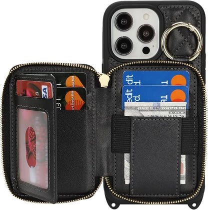 Crossbody Wallet Case for iPhone 14 Pro Max, PU Leather Zipper Handbag Purse Flip Cover, Kickstand Folio Case with Card Slots Holder Wrist Strap Lanyard 5G 6.7 Inch-Black