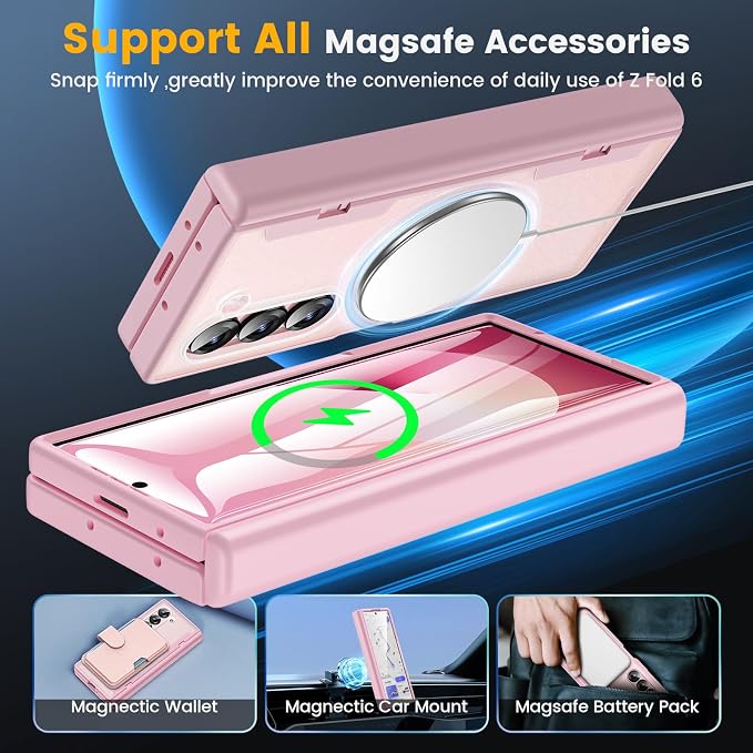 Caka Magnetic for Samsung Galaxy Z Fold 5 Case with Hinge Protection Pink | Compatible with MagSafe, Built-in Outer Screen Protector, Hinge Guard, Translucent Matte Back, 360° Hybrid Drop Defense