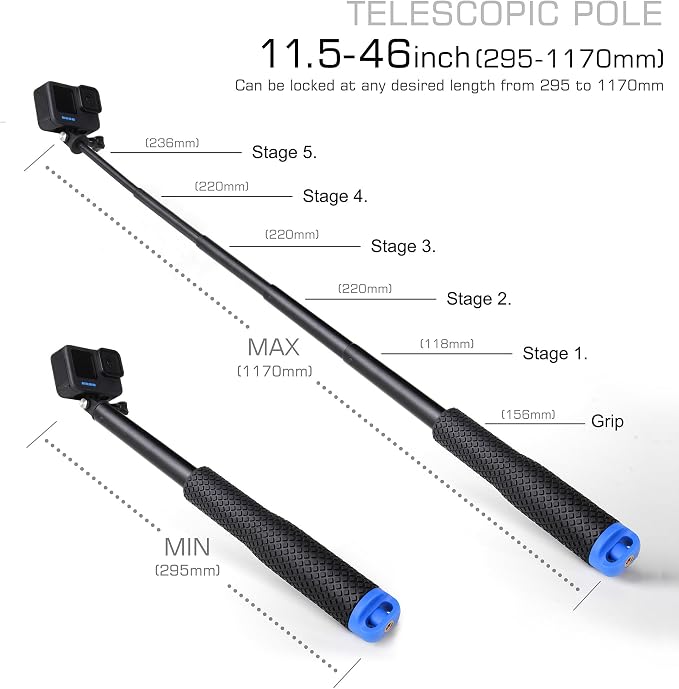 GEPULY 46''Alumium Waterproof Selfie Stick with 1/4 Thread Hole Underwater Pole Handle Grip Monopod for GoPro Hero 13 12 11 Max Insta360 AKASO DJI OSMO Action Cameras Accessories