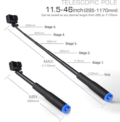 GEPULY 46''Alumium Waterproof Selfie Stick with 1/4 Thread Hole Underwater Pole Handle Grip Monopod for GoPro Hero 13 12 11 Max Insta360 AKASO DJI OSMO Action Cameras Accessories