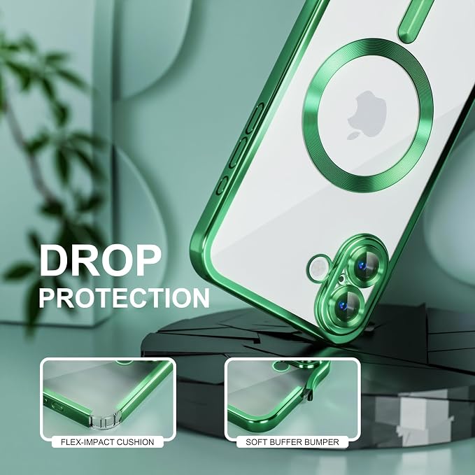 Misea Magnetic for iPhone 16 Case Compatible with MagSafe [Never Yellowing] [Military Grade Drop Protection] Full Camera Lens Protector Plating Soft Clear Phone Case for Women 6.1 inch, Green