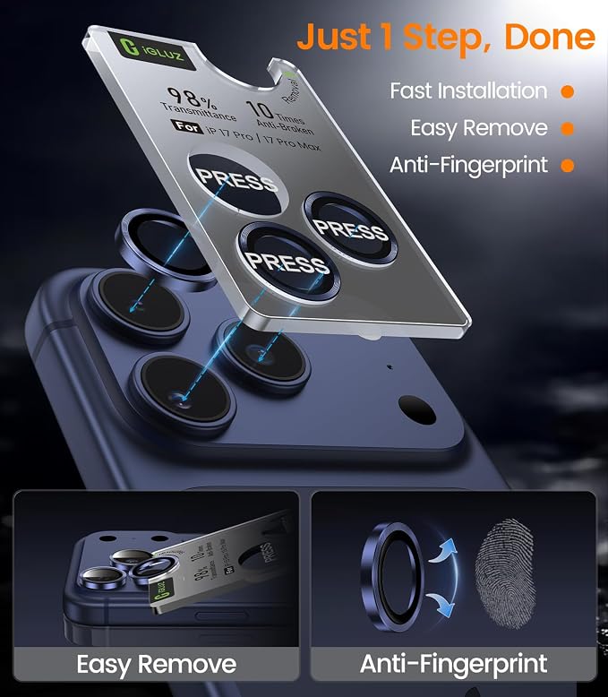iGluz 2 Pack Anti-Reflection Camera Lens Protector for iPhone 17 Pro Max/iPhone 17 Pro [98% Transmittance][1-Step Installation][Strong Adsorption] 9H Shatterproof Tempered Glass-Blue Titanium