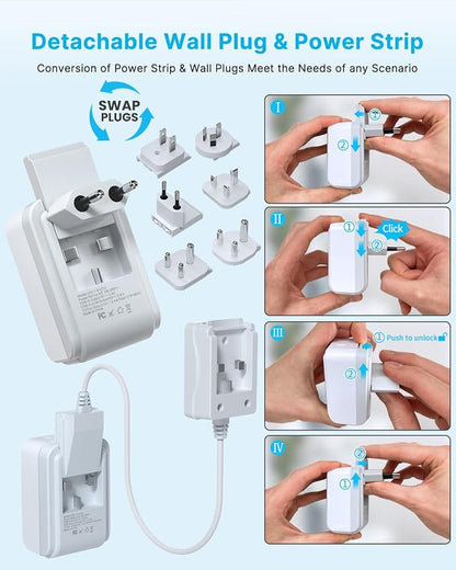 VINTAR Universal Travel Adapter Kit, 3ft Detachable Extension Cord with 2 AC Outlets & 3 USB(2 USB C), Type A/C/G/D/I/M International Power Adaptor for US to Europe UK India South Africa Japan