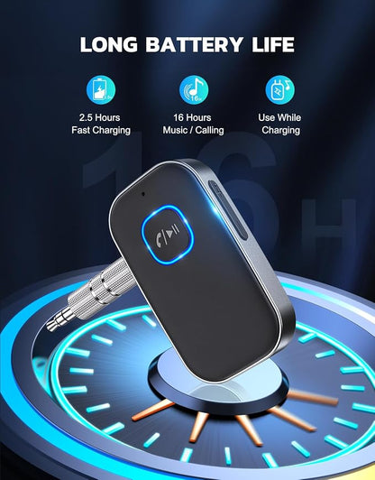 COMSOON Bluetooth Receiver for Car, Noise Cancelling 3.5mm AUX Bluetooth Car Adapter, Wireless Audio Receiver for Home Stereo/Wired Headphones, Hands-Free Call, 16H Battery Life - Dark Gray