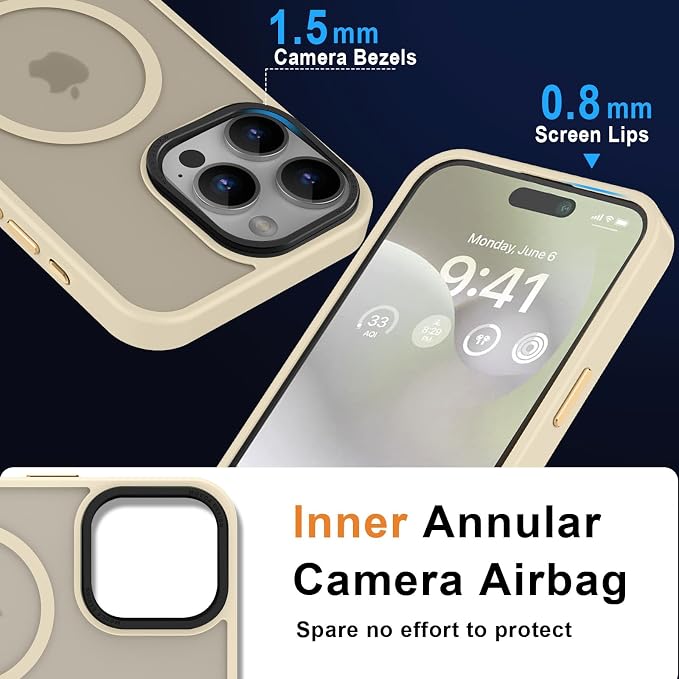 MOCCA Strong Magnetic for iPhone 15 Pro Max Case, [Compatible with Magsafe][13FT Military Drop Protection] Slim Translucent Matte Shockproof Case for iPhone 15 Pro Max 6.7'', Light Gold
