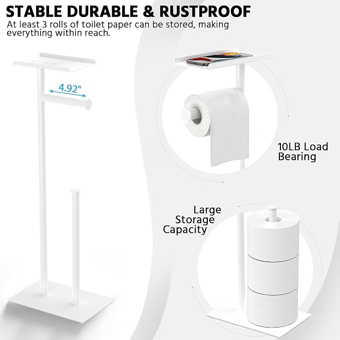 CISILY White Toilet Paper Holder Stand with Phone Shelf, Bathroom Toliet Decor Decoration. Tissue Paper Roll Holder Free Standing Storage, Rv Accessories, Apartment Restroom Household Home Essentials…