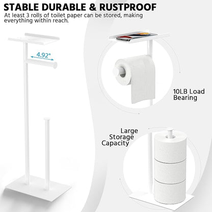 CISILY White Toilet Paper Holder Stand with Phone Shelf, Bathroom Toliet Decor Decoration. Tissue Paper Roll Holder Free Standing Storage, Rv Accessories, Apartment Restroom Household Home Essentials…