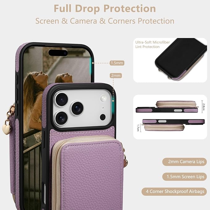 Keallce Case for iPhone 17 Pro Max 6.9'' Case Wallet, Crossbody Zipper Purse with RFID Blocking Card Slots Kickstand, Lanyard & Handstrap Flip Folio Leather Phone Cover for iPhone 17 Pro Max, Purple