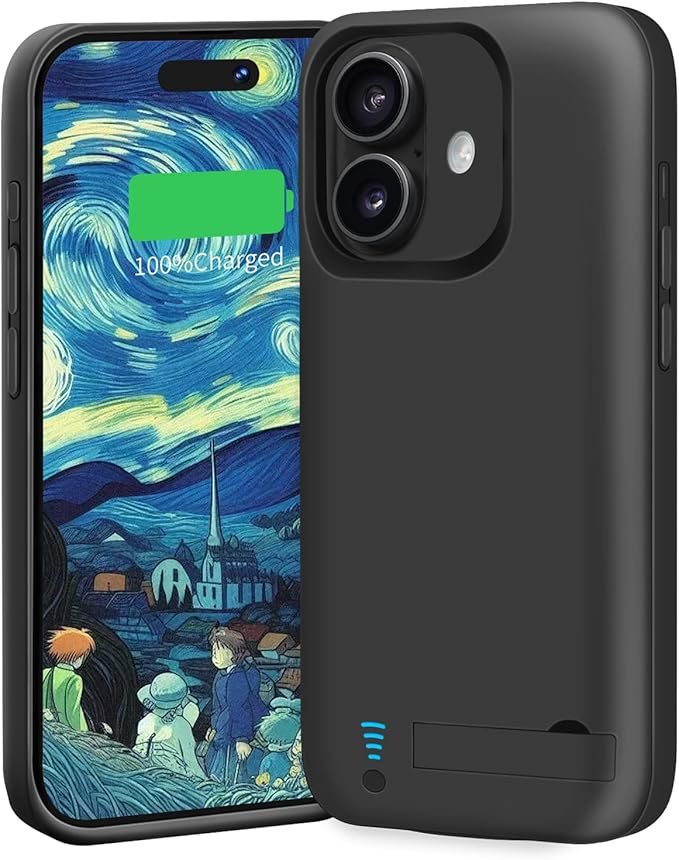 Battery Case for iPhone 16 Plus, 6000mAh Rechargeable Extended Battery Charging/Charger Case, Add 100% Extra Juice (6.7 Inches) Black