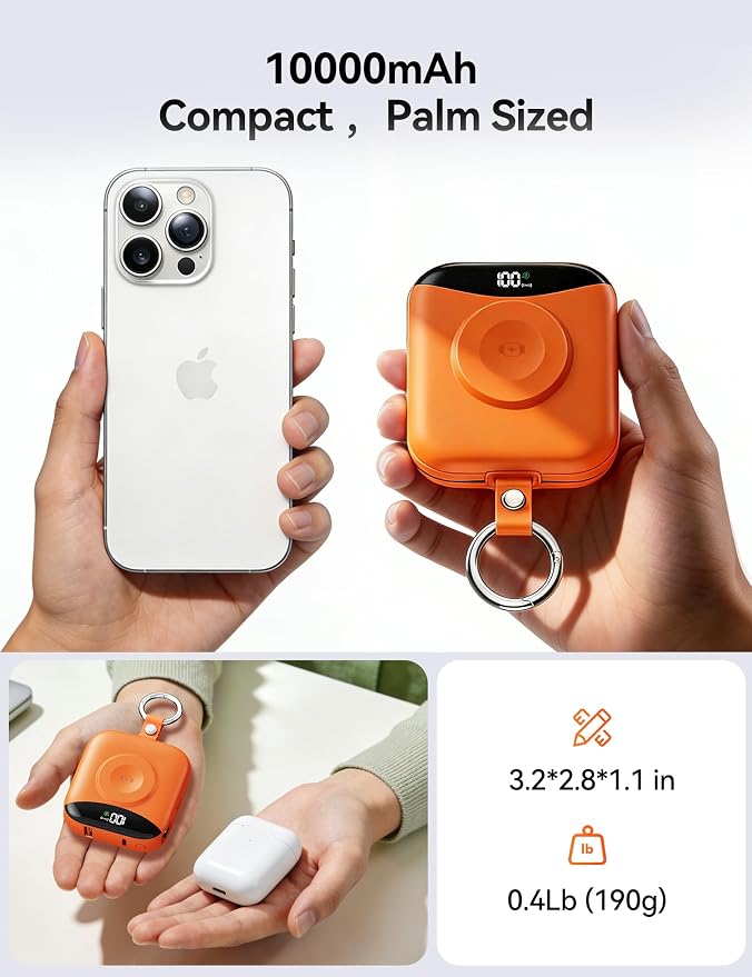 Portable Charger Power Bank, 10000mAh Fast Charging Power Bank with Built-in Cables, Travel Keychain Battery Pack with LED Display for iPhone Samsung Android iPad iWatch Charger 11/10/9/8/Ultra,Orange