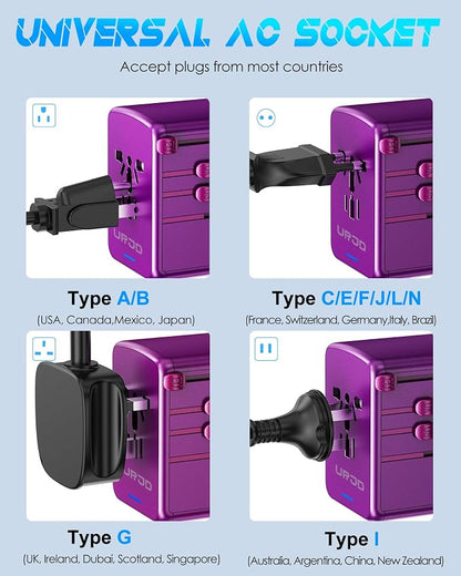 Universal Travel Adapter, 30W Fast Charging, for Europe UK US, Purple | 3 USB-C + 2 USB-A Ports & 2500W AC Outlet, International Power Adapter for Phone Laptop, Travel Charger for 200+ Countries