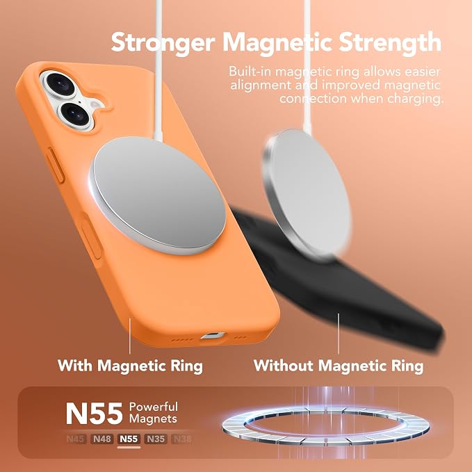 GONEZ Magnetic for iPhone 17 Case, Compatible with MagSafe, [Screen Protector + Camera Lens Protector], Liquid Silicone Anti-Scratch Shockproof Protective Phone Case 6.3 inch, Orange