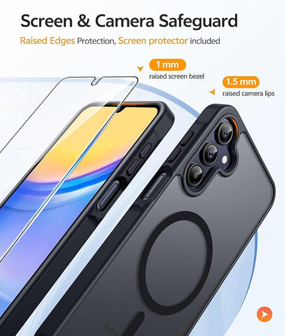 FNTCASE for Galaxy A15 5G Phone Case, Screen Protector, Black | Translucent Matte Magnetic Back, 14FT Military Grade Drop Protection, Shockproof Protective, for Samsung A 15 Cover