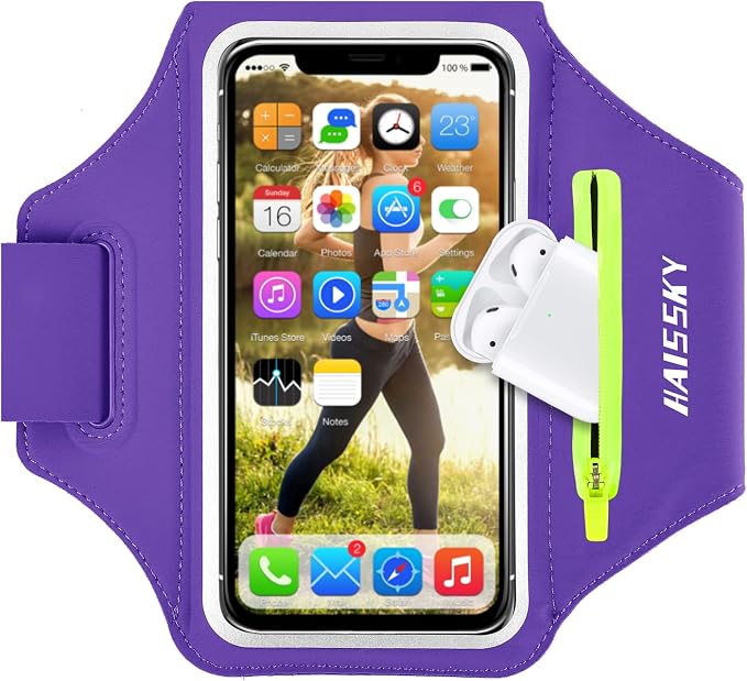 Cell Phone Running Armband with Airpods Zipper Pocket Armband Case Running Holder for iPhone 16/15/ 14/13 / 12 /11Pro Max,Galaxy S20 S10,Sweatproof Arm Band with Card/Key Bag