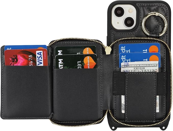 Crossbody Wallet Case for iPhone 14 Plus, PU Leather Zipper Handbag Purse Flip Cover, Kickstand Folio Case with Card Slots Holder Wrist Strap Lanyard 5G 6.7 Inch-Black