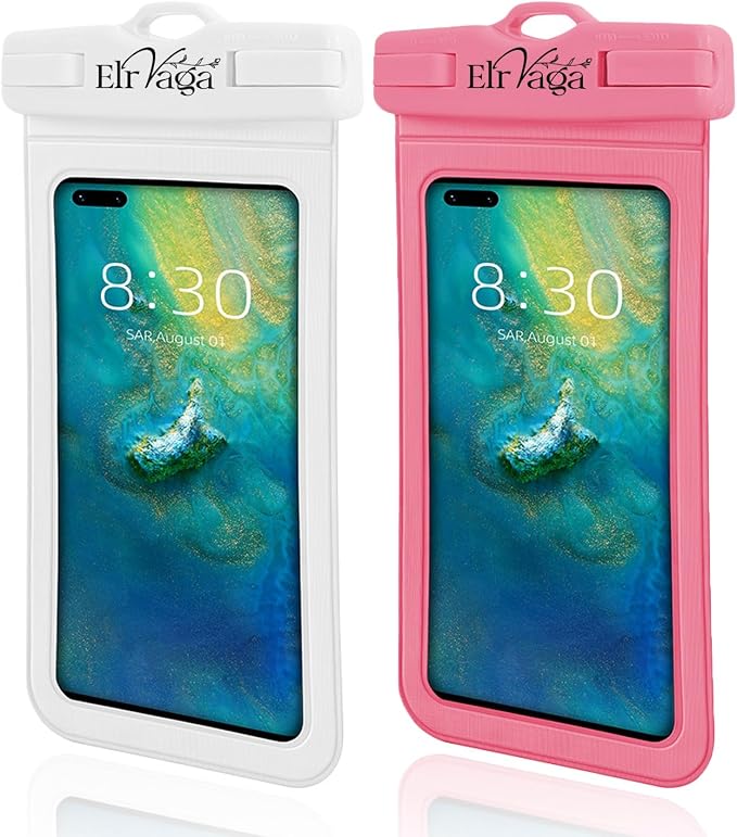 2 Pack IPX8 Waterproof Phone Pouch for iPhone 16/15/14/13 Pro Max Plus (7.2 Inch) - Swimming, Diving, Snorkeling, Snowproof - Touchscreen Friendly Underwater Photography Dry Bag (White&Pink)