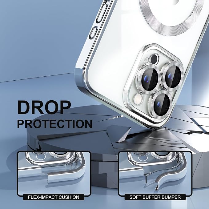 Misea Magnetic for iPhone 15 Pro Max Case with MagSafe [Never Yellowing] [Military Grade Drop Protection] Full Camera Lens Protector Plating Soft Clear Phone Case for Women Girls, Silver