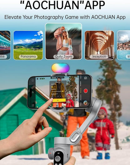 AOCHUAN iPhone Gimbal, 3-Axis Gimbal Stabilizer for Smartphone w/RGB Magnetic Fill Light Portable with Fous/Zoom Wheel for Vlog, Compatible with iPhone 15 Pro Max/Android-Smart X Pro Kit Gray